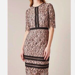 Hobbs London Floral Lace Sheath Dress Pink Black Eyelash Trim Women’s 10